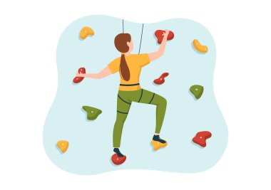 Düz Çizgi Film El Şablonu 'nda Cliff Climber Rock Wall veya Mountain Cliffs ve Extreme Activity Sport ile Tırmanma Resimleri