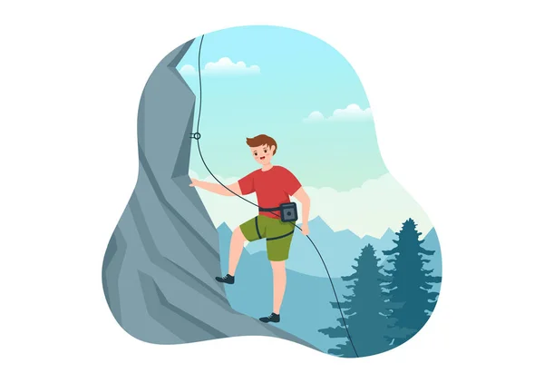 浅谈攀登者攀爬岩壁或山崖的攀爬图解及平板漫画手绘模板中的极限运动 — 图库矢量图片
