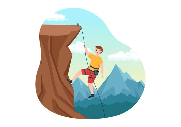 Cliff Klättring Illustration Med Klättrare Klättra Rock Wall Eller Mountain — Stock vektor