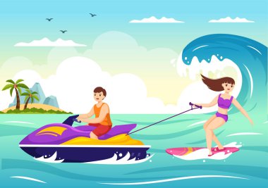 İnsanlar Jet Ski Resimlerinde Yaz Tatili, Extreme Water Sports ve Resort Beach Activity in Hand Drawn Flat Şablonu