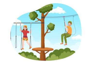 Düz Çizgi El Çizim Şablonlarında Ormanda Bir Engelli Pistinde Yürüyen Ziyaretçilerle Zip Hattı Çizimi ve Açık Hava İp Macera Parkı