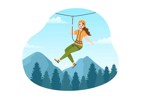 Zip Line Ilustracja Gośćmi Walking Obstacle Course Outdoor Rope Adventure — Wektor stockowy