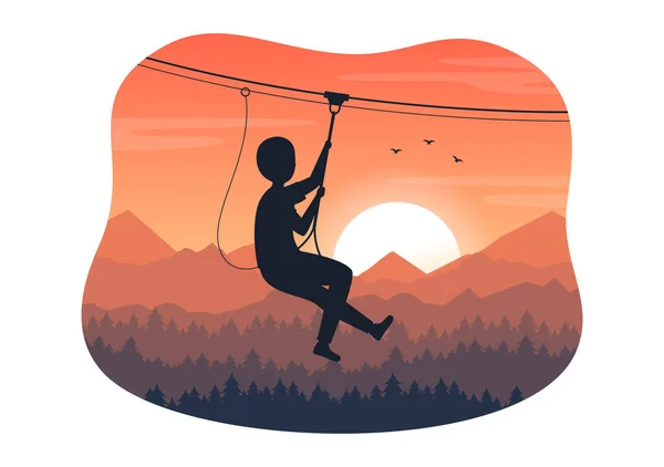 Zip Line Ilustracja Gośćmi Walking Obstacle Course Outdoor Rope Adventure — Wektor stockowy