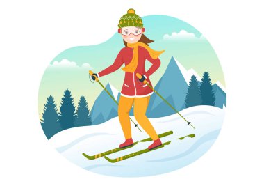 Kayakçıların, Düz Kış Spor Aktiviteleri 'nde Kayak Merkezinde Tepeye Kayarak Kaydığı Kayak Resimleri Çizim Elleri Şablonları