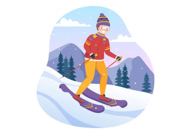 Kayakçıların, Düz Kış Spor Aktiviteleri 'nde Kayak Merkezinde Tepeye Kayarak Kaydığı Kayak Resimleri Çizim Elleri Şablonları