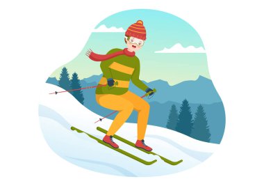 Kayakçıların, Düz Kış Spor Aktiviteleri 'nde Kayak Merkezinde Tepeye Kayarak Kaydığı Kayak Resimleri Çizim Elleri Şablonları