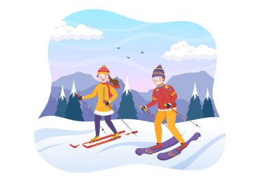 Kayakçıların, Düz Kış Spor Aktiviteleri 'nde Kayak Merkezinde Tepeye Kayarak Kaydığı Kayak Resimleri Çizim Elleri Şablonları