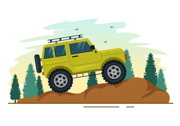 stock vector Off Road Illustration with a Jeep Car or SUV to Pass Through Rocky Terrain, Rivers and Sand in Flat Extreme Sport Cartoon Hand Drawn Templates