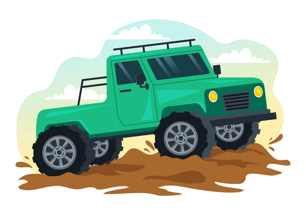 Road Illustration Jeep Car Suv Pass Rocky Terrain Rivers Sand — стоковий вектор