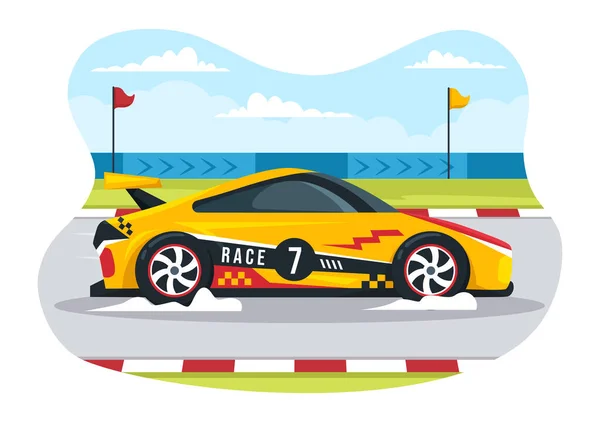 Formula Racing Sport Car Reach Race Circuit Finish Line Cartoon — 스톡 벡터