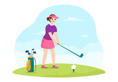 Flags, Cart, Sticks, Green Field ve Outdoor Fun için Kum Sığınağı ve Düz Çizgi El Şablonu ile Golf Spor Resimleri