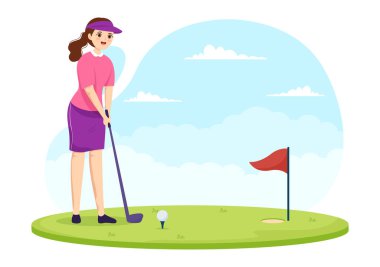 Flags, Cart, Sticks, Green Field ve Outdoor Fun için Kum Sığınağı ve Düz Çizgi El Şablonu ile Golf Spor Resimleri