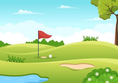 Flags, Cart, Sticks, Green Field ve Outdoor Fun için Kum Sığınağı ve Düz Çizgi El Şablonu ile Golf Spor Resimleri