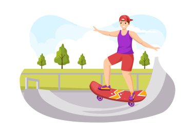 Kaykaycılarla Kaykay Çizimi Ekstrem Spor Düz Çizim El Çizim Şablonu 'nda Kaykay Tahtasında Kaykay kullanarak Atlıyor