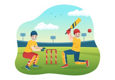 Düz Çizgili El Çizim Şablonu 'nda Yarasa ve Toplarla Kriket Oynayan Yarasa Adam