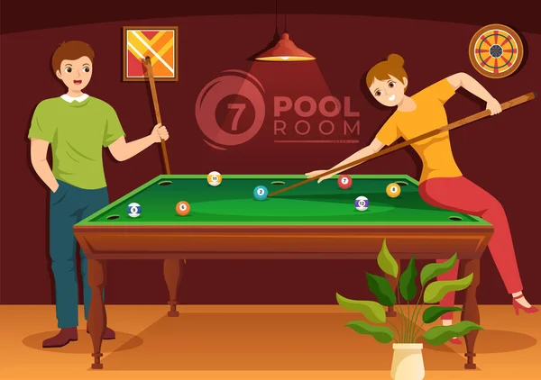 stock vector Billiards Game Illustration with Player Pool Room with Stick, Table and Billiard Balls in Sports Club in Flat Cartoon Hand Drawn Templates