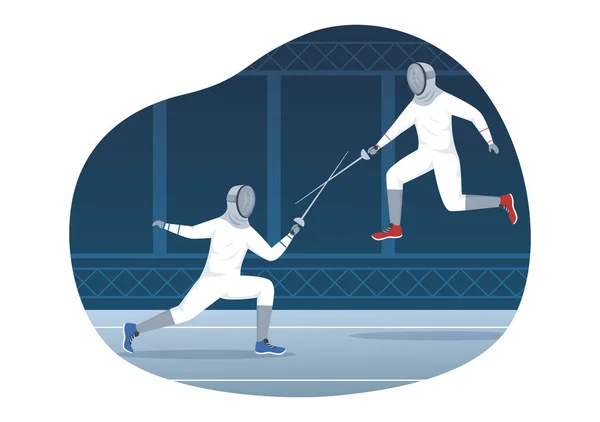 Fencing Player Sport Illustration with Fencer Fighting on Piste and Sword Duel Competition Event in Flat Cartoon Hand Drawn Templates