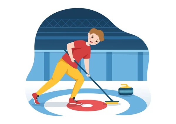 Curling Sport Illustration Team Playing Game Rocks Broom Rectangular Ice — Stockový vektor