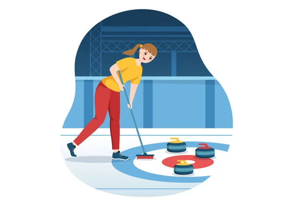 Curling Sport Illustration Med Team Spela Spel Stenar Och Broom — Stock vektor