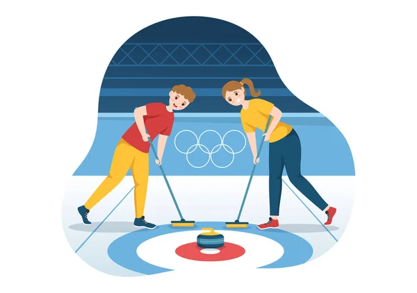 Curling Sport Illustration Team Playing Game Rocks Broom Rectangular Ice — Vector de stock