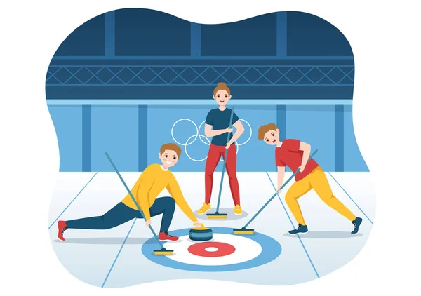 Curling Sport Illustration Team Playing Game Rocks Broom Rectangular Ice — Stock Vector