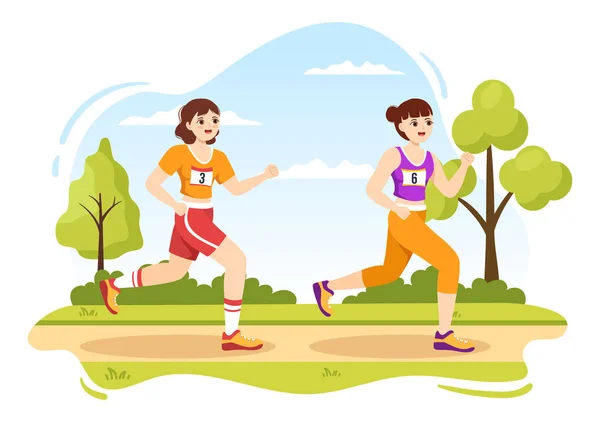 与跑步 体育竞赛及跑步有关的马拉松比赛图解 平底卡通手绘模版跑至终点 — 图库矢量图片