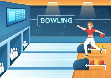 Bowling Game Illustration with Pins, Balls and Scoreboards in a Sport Club for Web Banner or Landing Page in Flat Cartoon Hand Drawn Templates