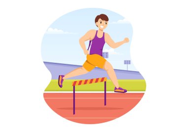 Athlete Run Hurdle Long Jump Sportsman Game Illustration in Obstacle Running for Web Banner or Landing Page in Flat Cartoon Hand Drawn Templates