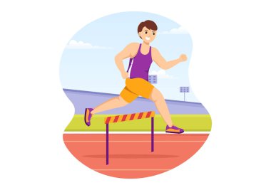 Athlete Run Hurdle Long Jump Sportsman Game Illustration in Obstacle Running for Web Banner or Landing Page in Flat Cartoon Hand Drawn Templates