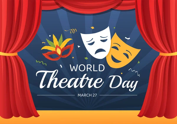 3月27日の世界演劇の日マスク付きイラストとフラット漫画ハンドドローテンプレートのウェブバナーやランディングページのための劇場を祝うために — ストックベクタ