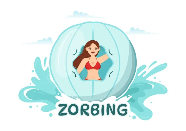 Zorbing Illustration People Playing Bubble Bump Green Field Pool Web — Stock Vector