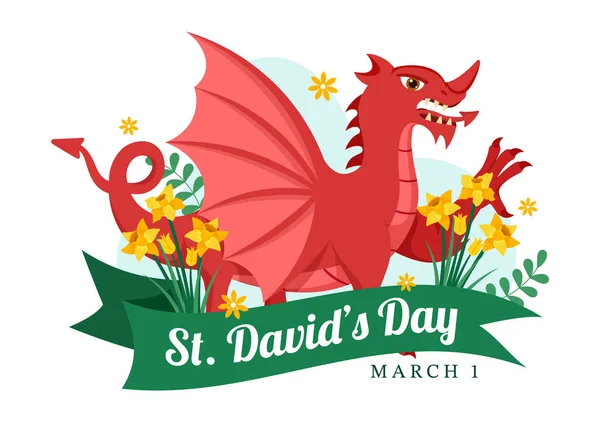 Happy David Day March Illustration Welsh Dragons Yellow Daffodils Landing — 图库矢量图片