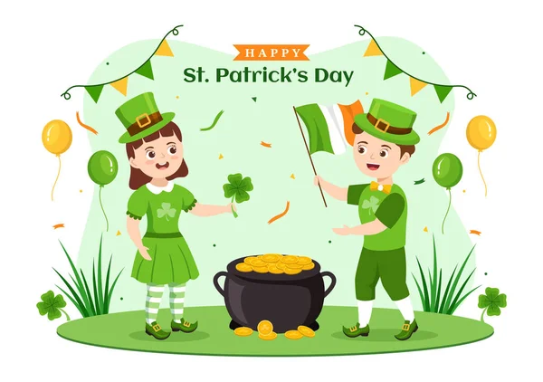 Happy Patricks Day Illustration Kids Golden Coins Green Hat Leprechauns — 스톡 벡터