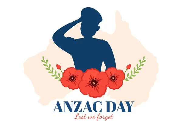 Anzac Day Lest Forget Illustration Remembrance Soldier Paying Respect Red — Stock Vector
