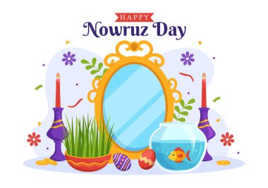 Mutlu nowruz günleri ya da Çimen Semeni ve Balık ile İran Yeni Yıl Resimleri Web Bayrağı ya da Düz El Çizim Şablonlarında İniş Sayfası