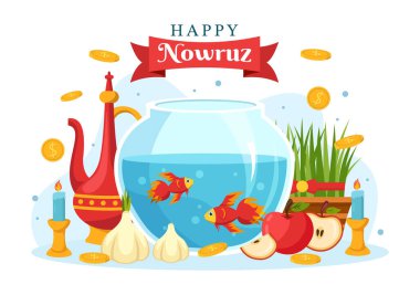 Mutlu nowruz günleri ya da Çimen Semeni ve Balık ile İran Yeni Yıl Resimleri Web Bayrağı ya da Düz El Çizim Şablonlarında İniş Sayfası