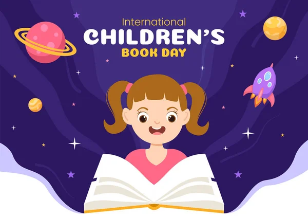 Día Internacional Del Libro Infantil Abril Ilustración Con Niños Leyendo — Archivo Imágenes Vectoriales
