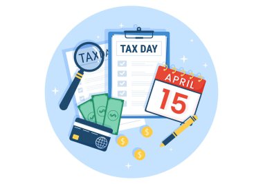 Tax Day Illustration with Clipboard Form, Clock, Calendar and Coins Money for Web Banner or Landing Page in Flat Cartoon Hand Drawn Templates