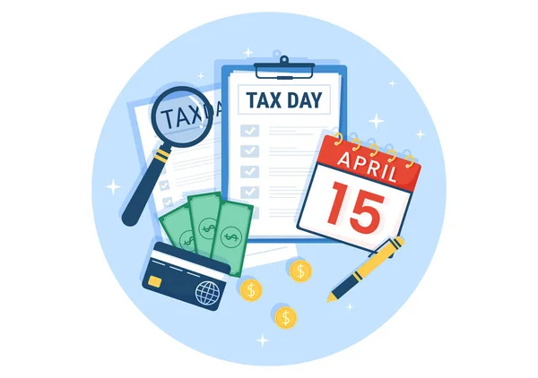 Φορολογική Ημέρα Εικονογράφηση Πρόχειρο Φόρμα Ρολόι Ημερολόγιο Και Νομίσματα Χρήματα — Διανυσματικό Αρχείο