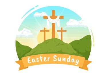 Happy Easter Sunday Day Illustration with Jesus, He is Risen and Celebration of Resurrection for Web Banner or Landing Page in Hand Drawn Templates