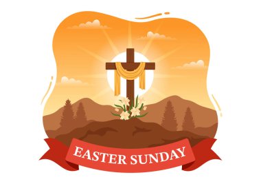 Happy Easter Sunday Day Illustration with Jesus, He is Risen and Celebration of Resurrection for Web Banner or Landing Page in Hand Drawn Templates