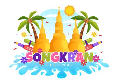 Happy Songkran Festival Day Illustration with Playing Water Gun in Thailand Celebration in Flat Cartoon Hand Drawn for Landing Page Templates