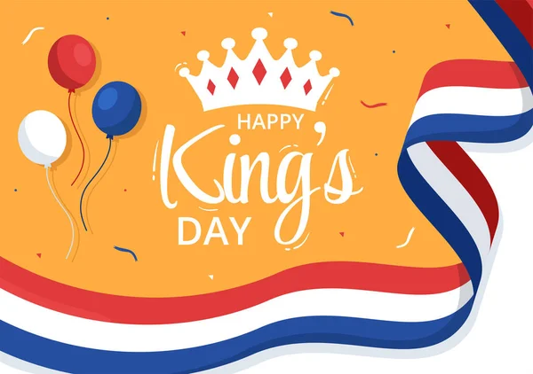 快乐的荷兰国王纪念日图片说明与飘扬的横幅和国王庆祝网页或登陆页面在平面漫画手绘模板 — 图库矢量图片