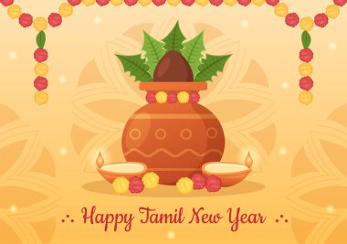 Happy Tamil New Year Illustration with Vishu Flowers, Pots and Indian Hindu Festival in Flat Cartoon Hand Drawn for Landing Page Templates