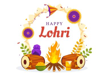 Happy Lohri Festival of Punjab India Illustration with Playing Dance and Celebration Bonfire in Flat Cartoon Hand Drawn for Landing Page Templates