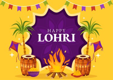 Happy Lohri Festival of Punjab India Illustration with Playing Dance and Celebration Bonfire in Flat Cartoon Hand Drawn for Landing Page Templates