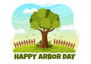 Happy Arbor Day on April 28 Illustration with Green Tree, Garden Tools and Nature Environment in Flat Cartoon Hand Drawn for Landing Page Templates