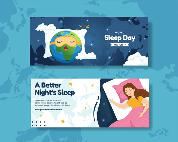 Happy Sleep Day Horizontal Banner Flat Cartoon Hand Drawn Templates — Stock Vector