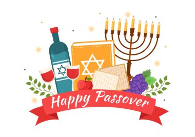 Happy Passover Illustration with Wine, Matzah and Pesach Jewish Holiday for Web Banner or Landing Page in Flat Cartoon Hand Drawn Templates