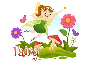 Beautiful Flying Fairy Illustration with Elf, Landscape Tree and Green Grass in Flat Cartoon Hand Drawn for Web Banner or Landing Page Templates